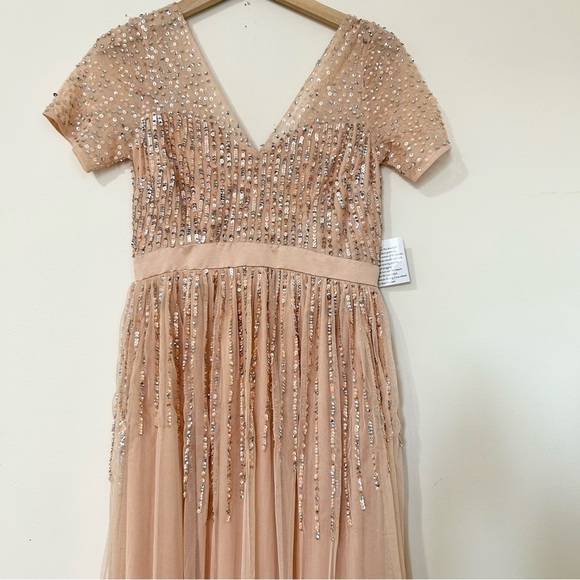 Maya Deluxe Maternity Mesh All Over Scattered Sequin Dress in Soft Peach sz 4 - Picture 5 of 9